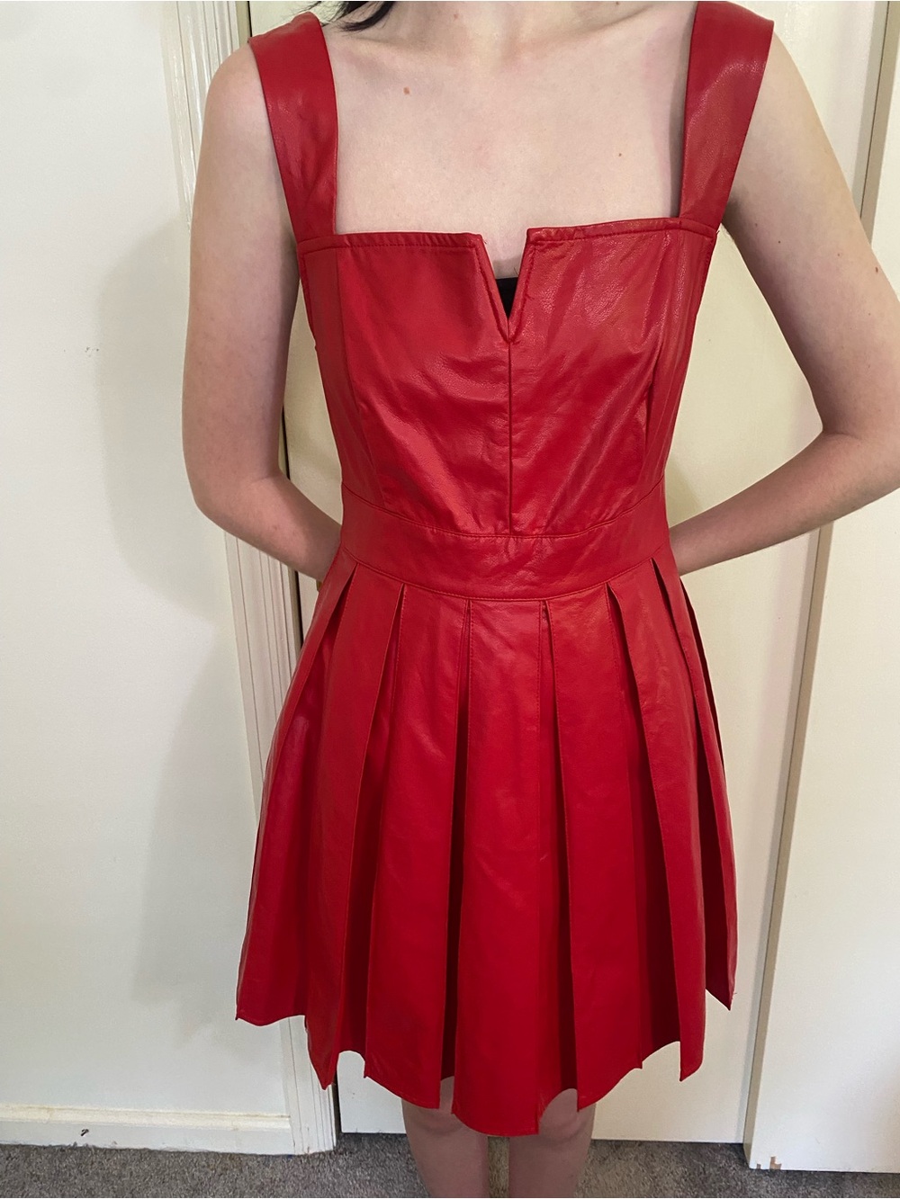 Sleek Red Pleather Pleat Mini Dress w/ Square Neck small punk goth alt rock NWT